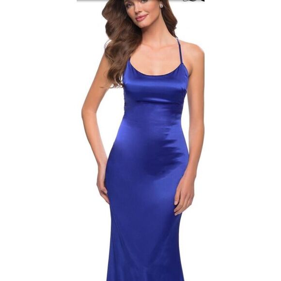 LA FEMME 29858 Long Stretch Satin Dress In Royal Blue NWT Size 8 - Picture 1 of 7